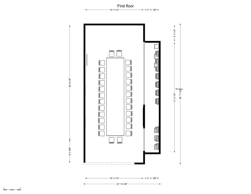 Floor plan of the Broadway Room with measurements, set with one long table seating 28, and a narrow dining area along one side. Overall 21 ft 10 in by 39 ft 11 in.