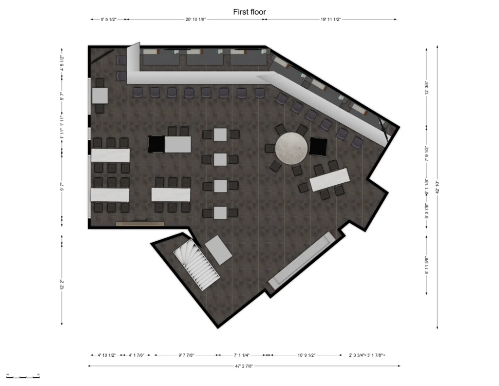 Floor plan of the Main Bar with measurements: the bar along one wall with stools, dining tables and the staircase. Overall 47 ft 3 in by 42 ft 10 in.