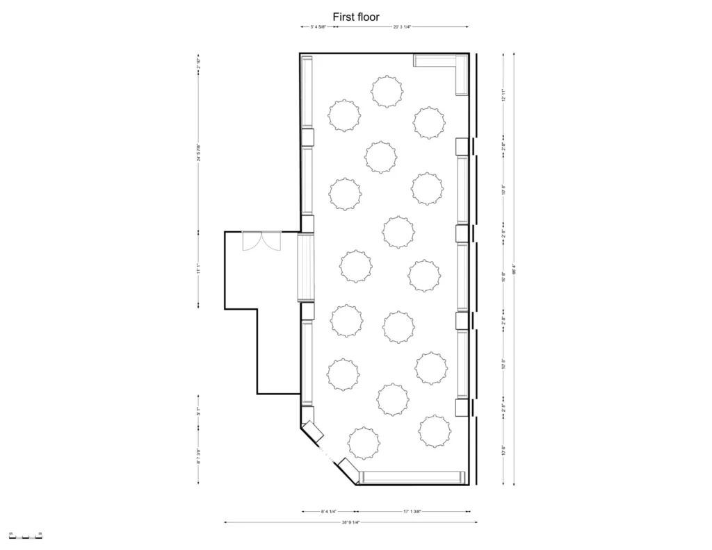 Floor plan of the Main Hall with measurements, set with 16 round tables. Overall 66 ft 4 in by 38 ft 9 in.