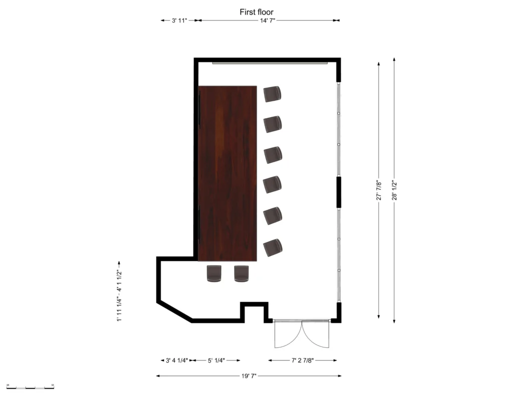 Floor plan of the Side Bar with measurements: a long bar with eight stools and double doors. Overall 19 ft 7 in by 28 ft.